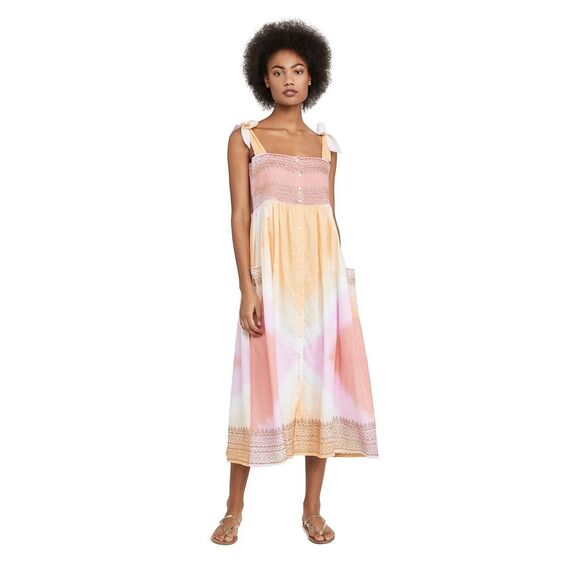 Juliet Dunn Tie Shoulder Cotton Midi Dress Orange Pink Sz 1 US 4 Small Tye Dye‎ - Picture 3 of 14